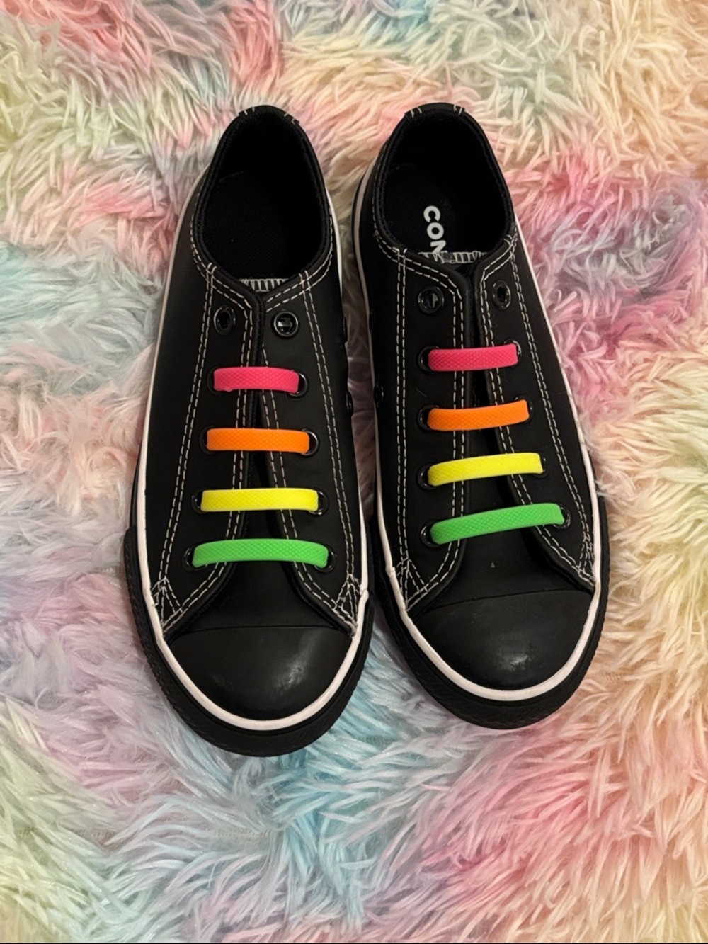 Converse Kids Black Leather Low-Top Sneakers with Rainbow Elastic Bands